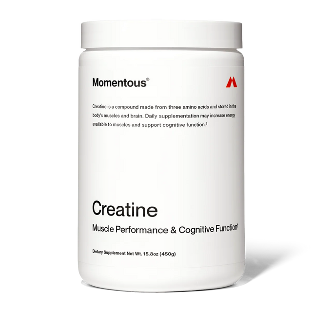 A white jar of Momentous CREATINE - CREAPURE 30 powder delivers muscle performance and cognitive support, using premium Creapure for purity and effectiveness.