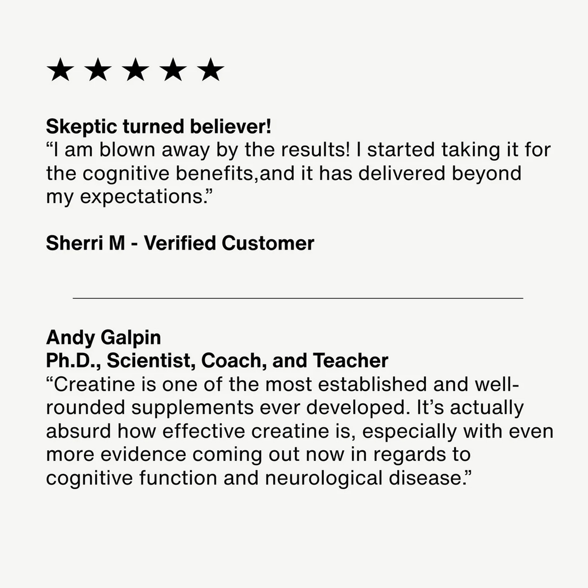 A customer testimonial and expert endorsement of Momentous CREATINE - CREAPURE 30 powder serving Jar highlight its cognitive benefits and scientific backing; displayed in black text on a white background.