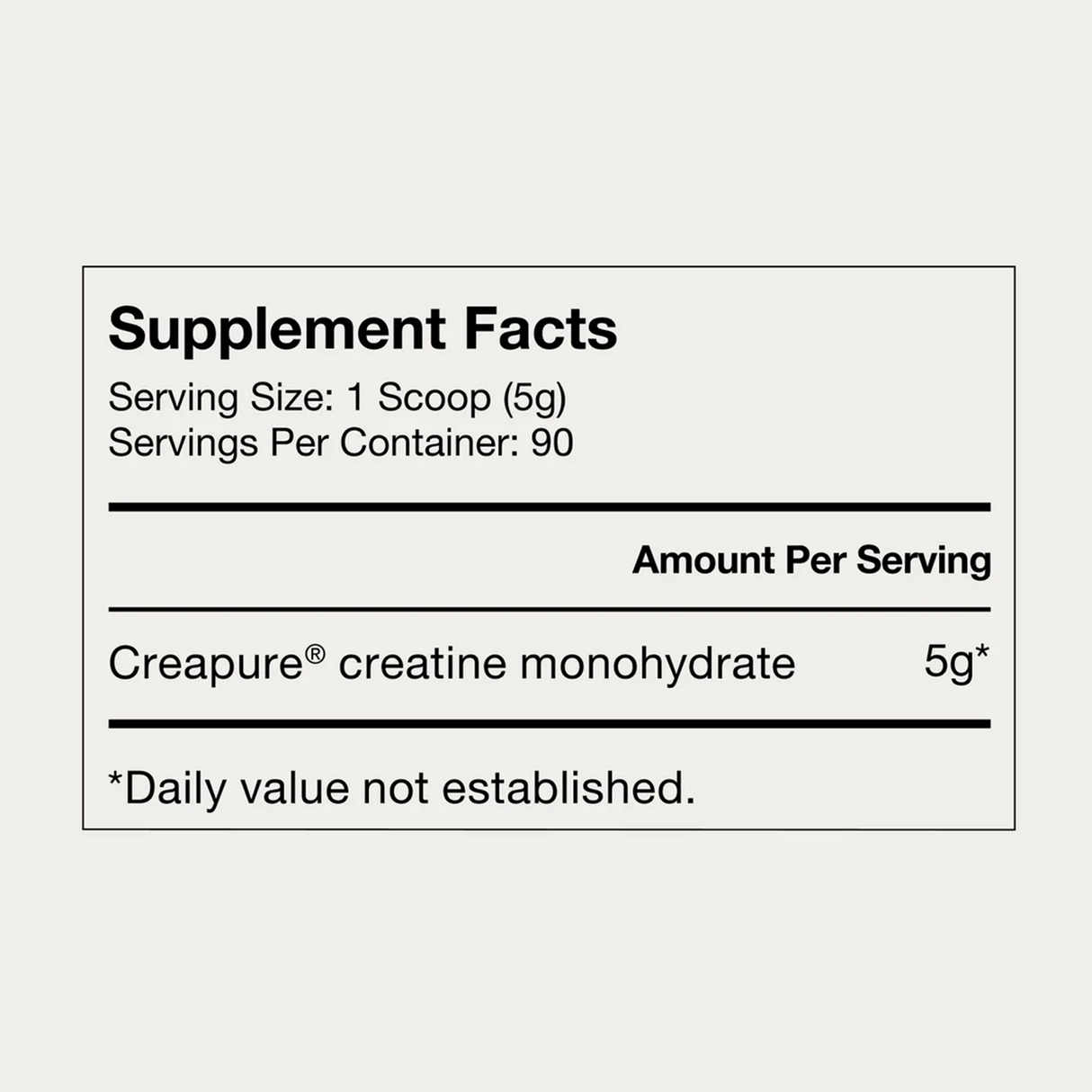 Supplement facts label for Momentous CREATINE - CREAPURE 30 powder: 1 scoop (5g) per serving, 30 servings per jar. Each serving contains 5g pure creatine monohydrate. Daily value not established.