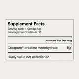Supplement facts label for Momentous CREATINE - CREAPURE 30 powder: 1 scoop (5g) per serving, 30 servings per jar. Each serving contains 5g pure creatine monohydrate. Daily value not established.