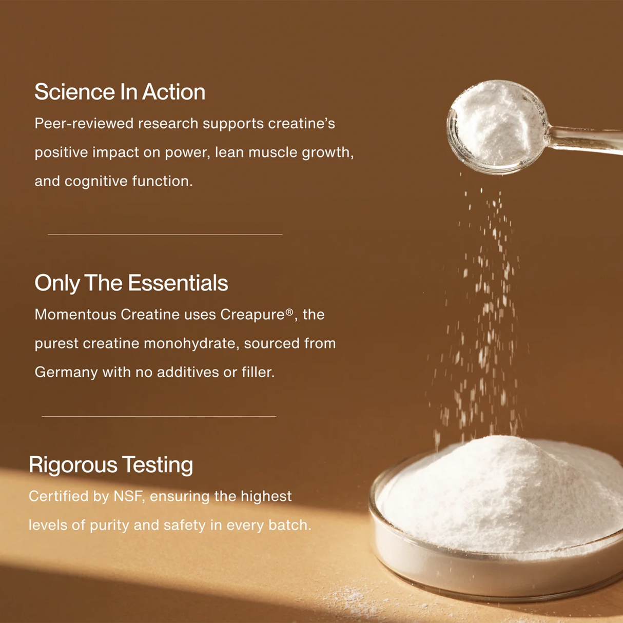 A glass dish holds white creatine powder with a spoon above it; text highlights Momentous CREATINE - CREAPURE 30 powder's purity, benefits, and NSF-certified quality and safety.