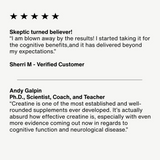 A customer testimonial and expert quote praise Momentous CREATINE - CREAPURE - Unflavored 15 Travel Packs for cognitive and neurological benefits, five-star ratings, and verified results—making it a trusted pick in performance nutrition.