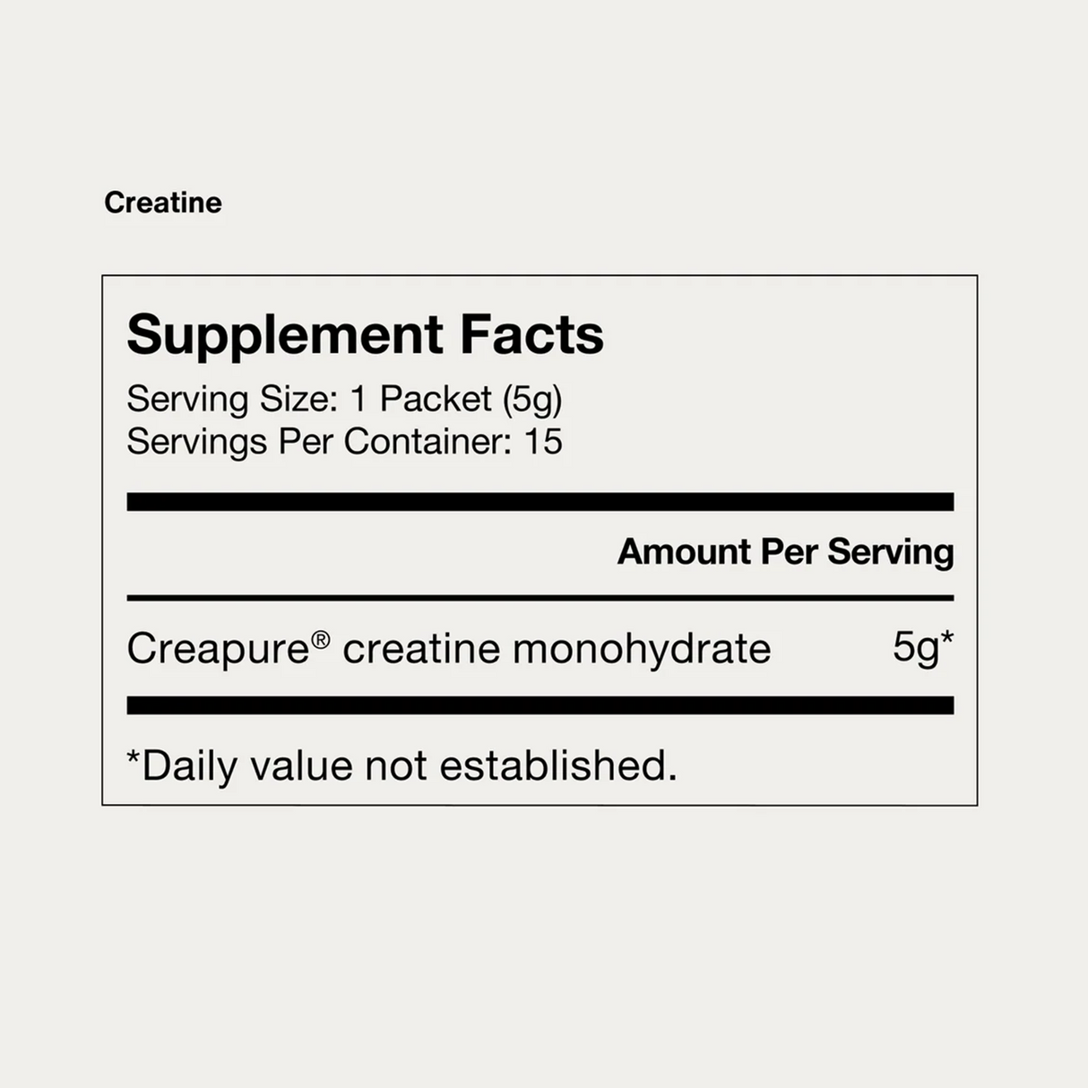 The Momentous CREATINE - CREAPURE - Unflavored 15 Travel Packs provides 5g of Creapure creatine monohydrate per serving, 15 servings per container. Ideal for performance nutrition. Daily value not established.