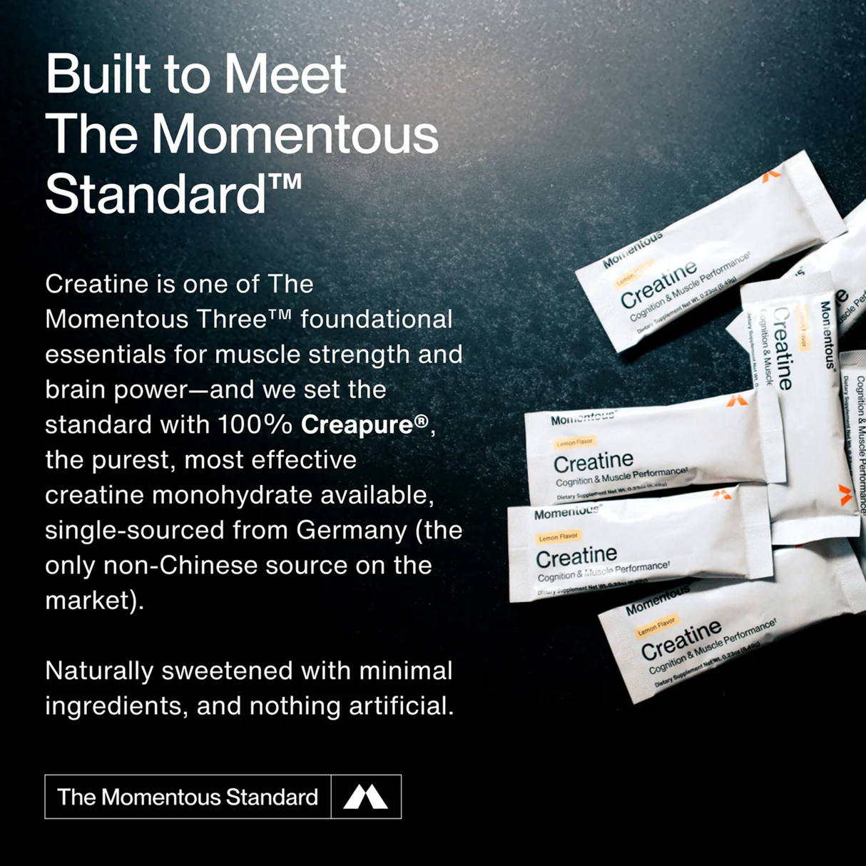Momentous CREATINE - CREAPURE - Unflavored 15 Travel Packs are arranged on a dark surface, with nearby text spotlighting their performance nutrition benefits and premium quality standards.