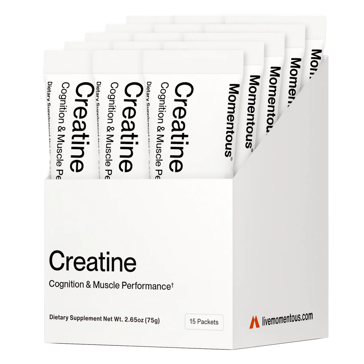 A white box labeled "CREATINE - CREAPURE - Unflavored" from Momentous contains 15 travel packs of Creapure creatine monohydrate, designed for advanced performance nutrition.