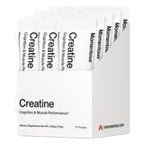 A white box labeled "CREATINE - CREAPURE - Unflavored" from Momentous contains 15 travel packs of Creapure creatine monohydrate, designed for advanced performance nutrition.