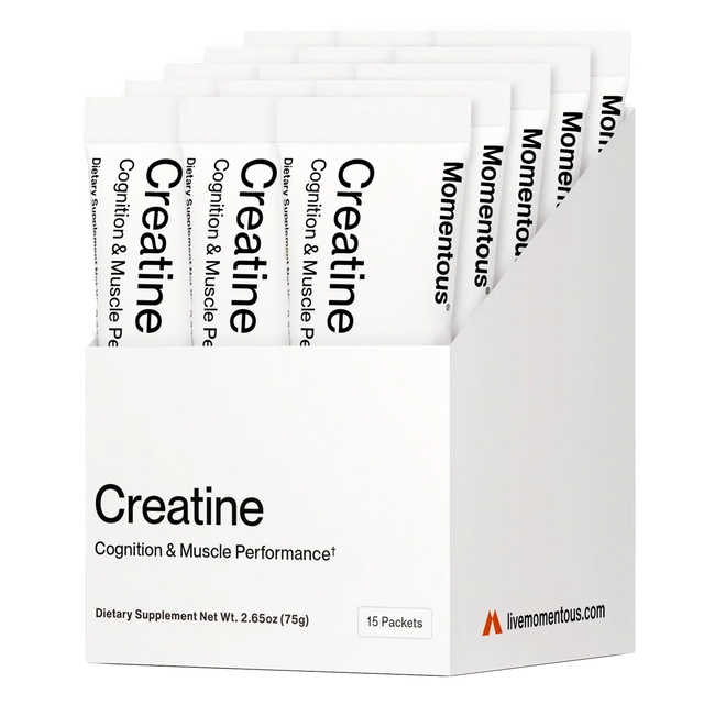 A white box labeled "CREATINE - CREAPURE - Unflavored" from Momentous contains 15 travel packs of Creapure creatine monohydrate, designed for advanced performance nutrition.