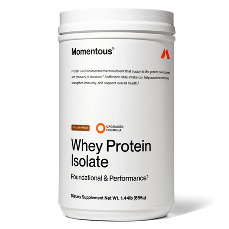 A white tub of Momentous Grass Fed Whey - Chocolate, 25 servings, features grass-fed whey for foundational and performance dietary supplementation.