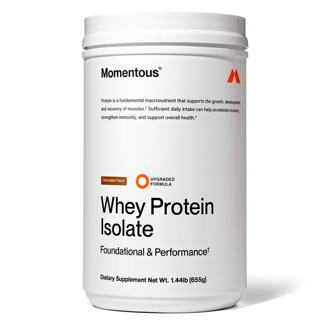 A white tub of Momentous Grass Fed Whey - Chocolate, 25 servings, features grass-fed whey for foundational and performance dietary supplementation.