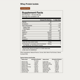 Momentous Grass Fed Whey - Chocolate (25 servings/tub) nutrition label lists serving size, calories, macros, ingredients, and amino acid profile per 100g—perfect for post-training recovery.