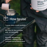 A person scoops Momentous Grass Fed Whey - Vanilla (25 Servings) into a cup outdoors, with on-image instructions for use and mixing to support optimal protein recovery.