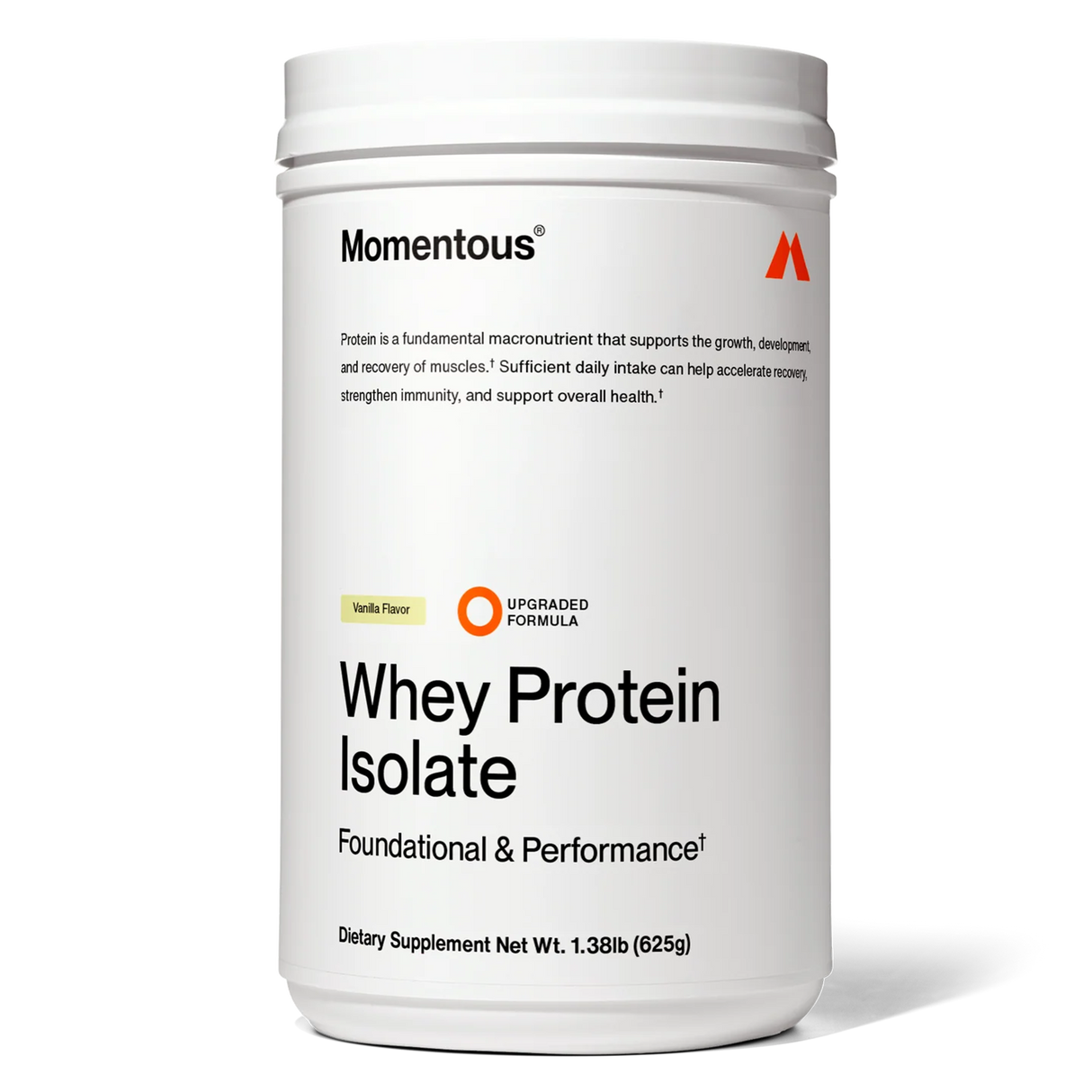 A white tub of Momentous Grass Fed Whey - Vanilla, containing 25 servings per container and labeled as a dietary supplement with a net weight of 1.38 lbs (625g).