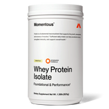 A white tub of Momentous Grass Fed Whey - Vanilla, containing 25 servings per container and labeled as a dietary supplement with a net weight of 1.38 lbs (625g).