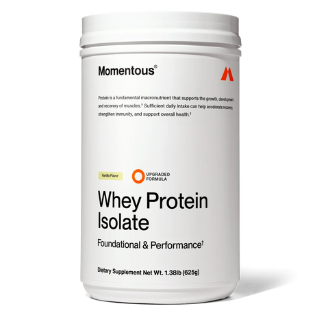 A white tub of Momentous Grass Fed Whey - Vanilla, containing 25 servings per container and labeled as a dietary supplement with a net weight of 1.38 lbs (625g).