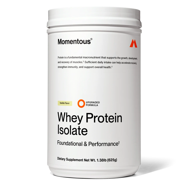 A white tub of Momentous Grass Fed Whey - Vanilla, containing 25 servings per container and labeled as a dietary supplement with a net weight of 1.38 lbs (625g).