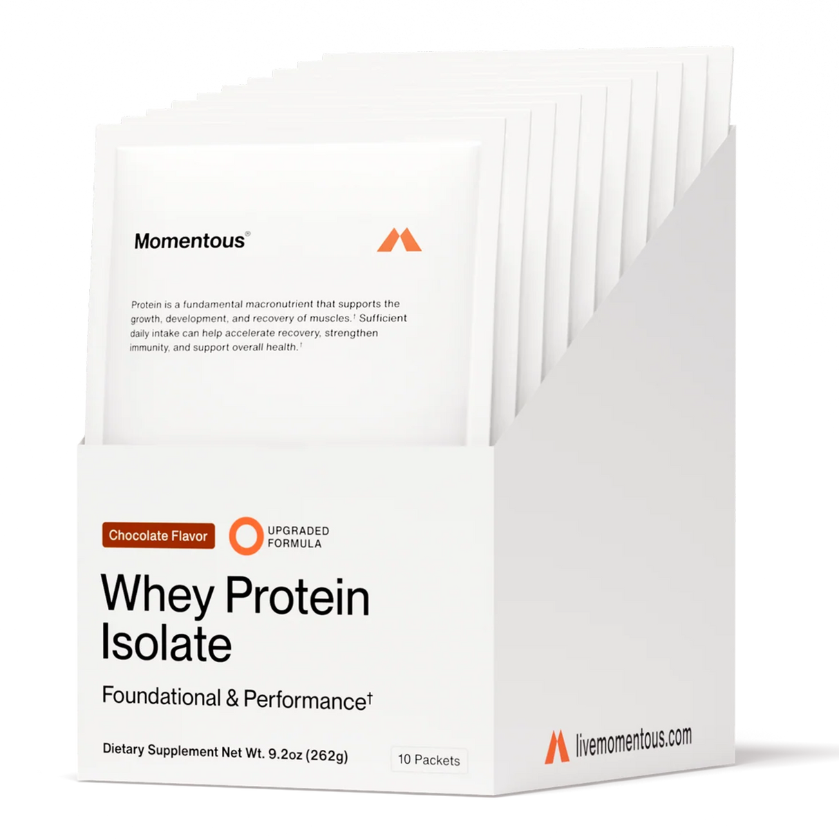 A white box labeled "Momentous Grass Fed Whey Travel Packs - Chocolate" contains 10 packets of foundational and performance dietary supplement.