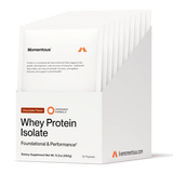 A white box labeled "Momentous Grass Fed Whey Travel Packs - Chocolate" contains 10 packets of foundational and performance dietary supplement.