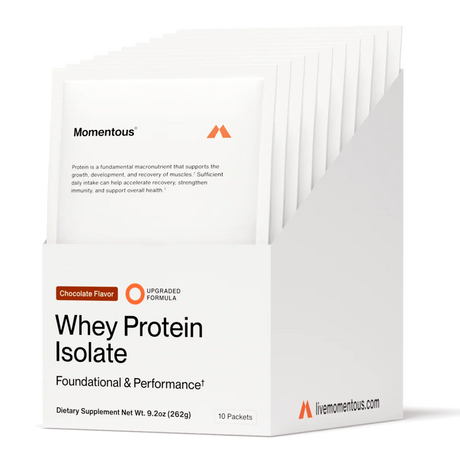 A white box labeled "Momentous Grass Fed Whey Travel Packs - Chocolate" contains 10 packets of foundational and performance dietary supplement.
