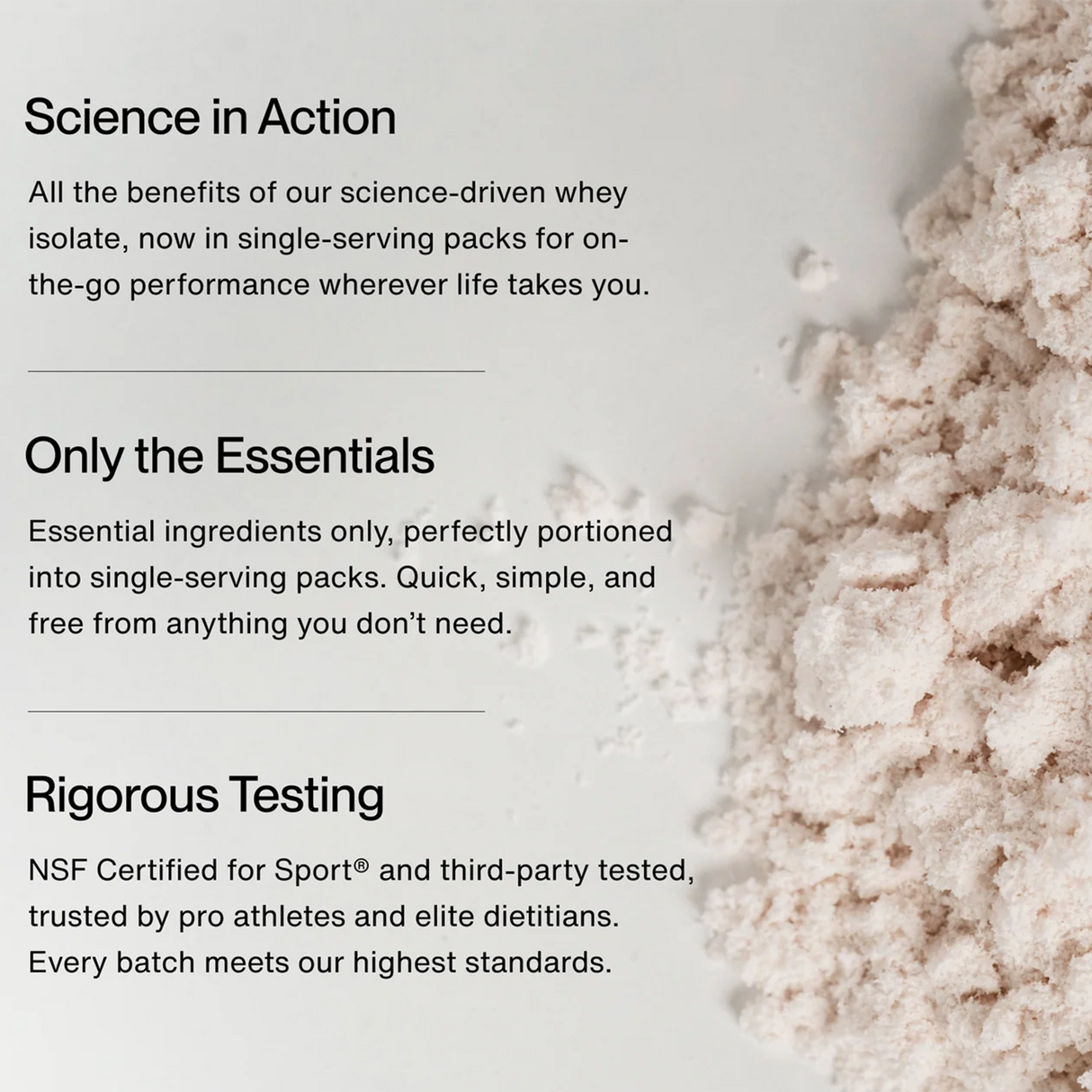 On the right, a pile of light-colored Momentous Grass Fed Whey Travel Packs - Chocolate is shown; on the left, text highlights key benefits, essential ingredients, rigorous testing standards, and convenient 10-packet cartons.