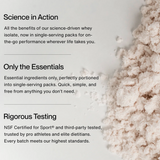 On the right, a pile of light-colored Momentous Grass Fed Whey Travel Packs - Chocolate is shown; on the left, text highlights key benefits, essential ingredients, rigorous testing standards, and convenient 10-packet cartons.