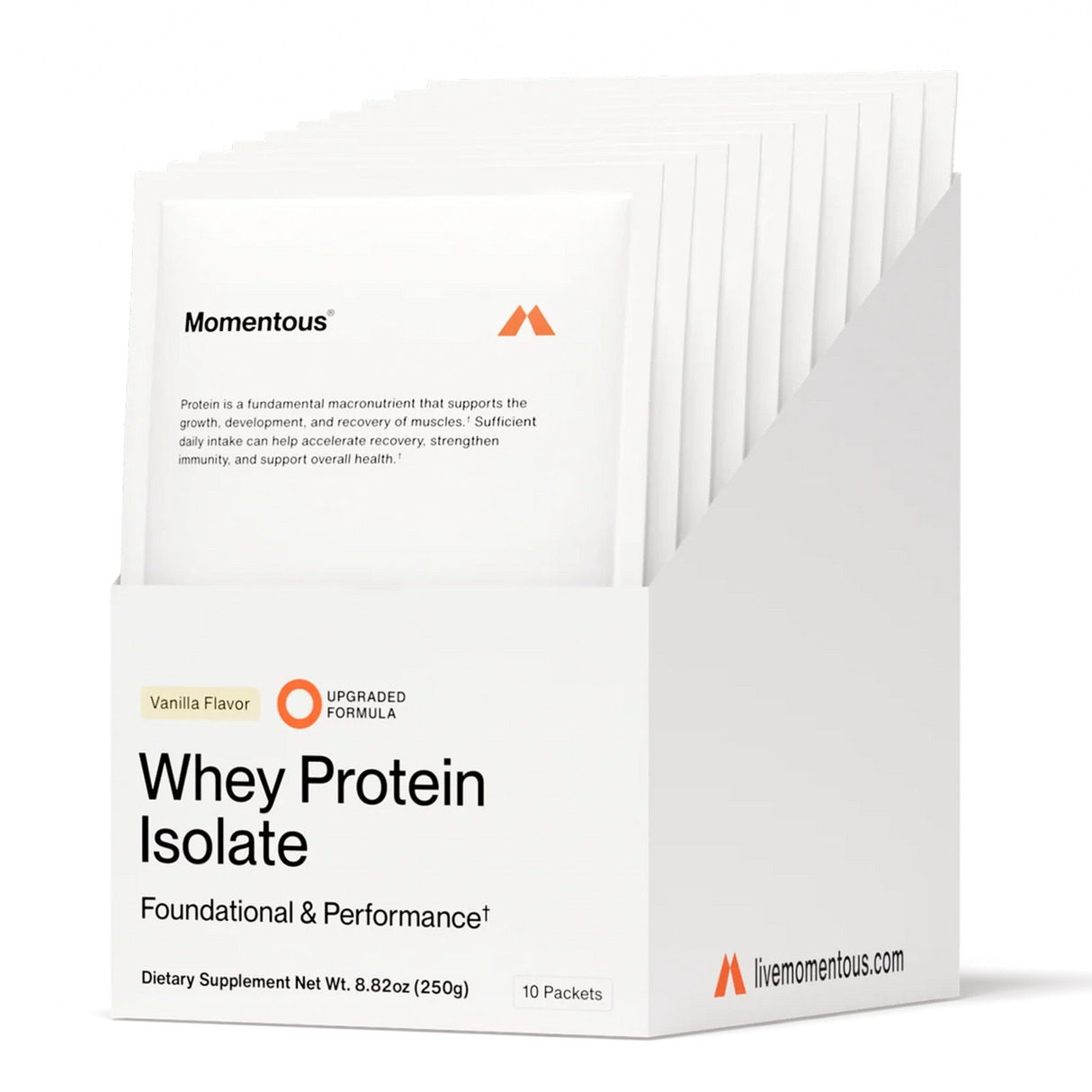A white box labeled Momentous holds 10 Grass Fed Whey Travel Packs in vanilla, featuring an upgraded formula for foundational and performance support.