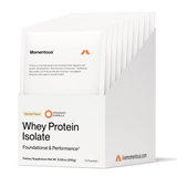 A white box labeled Momentous holds 10 Grass Fed Whey Travel Packs in vanilla, featuring an upgraded formula for foundational and performance support.