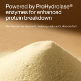 A close-up of Momentous Grass Fed Whey - Vanilla showcases ProHydrolase enzymes for better protein breakdown, less GI discomfort, and improved recovery; available in a 25-serving tub.