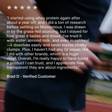 A customer review of Momentous Grass Fed Whey - Vanilla (25 servings) is shown over a blurred image of someone running on a track, highlighting its benefits for optimal protein recovery.
