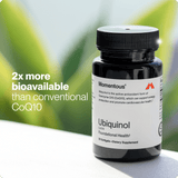 A bottle of Momentous Ubiquinol from Momentous is displayed, emphasizing its claim of being twice as bioavailable as conventional CoQ10 to help support optimal mitochondrial function.