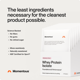 Momentous Whey Protein Isolate 10-Travel Packs feature minimal ingredients, no fillers or gums, and are NSF Certified for Sport—ideal nutrition from Momentous on the go.