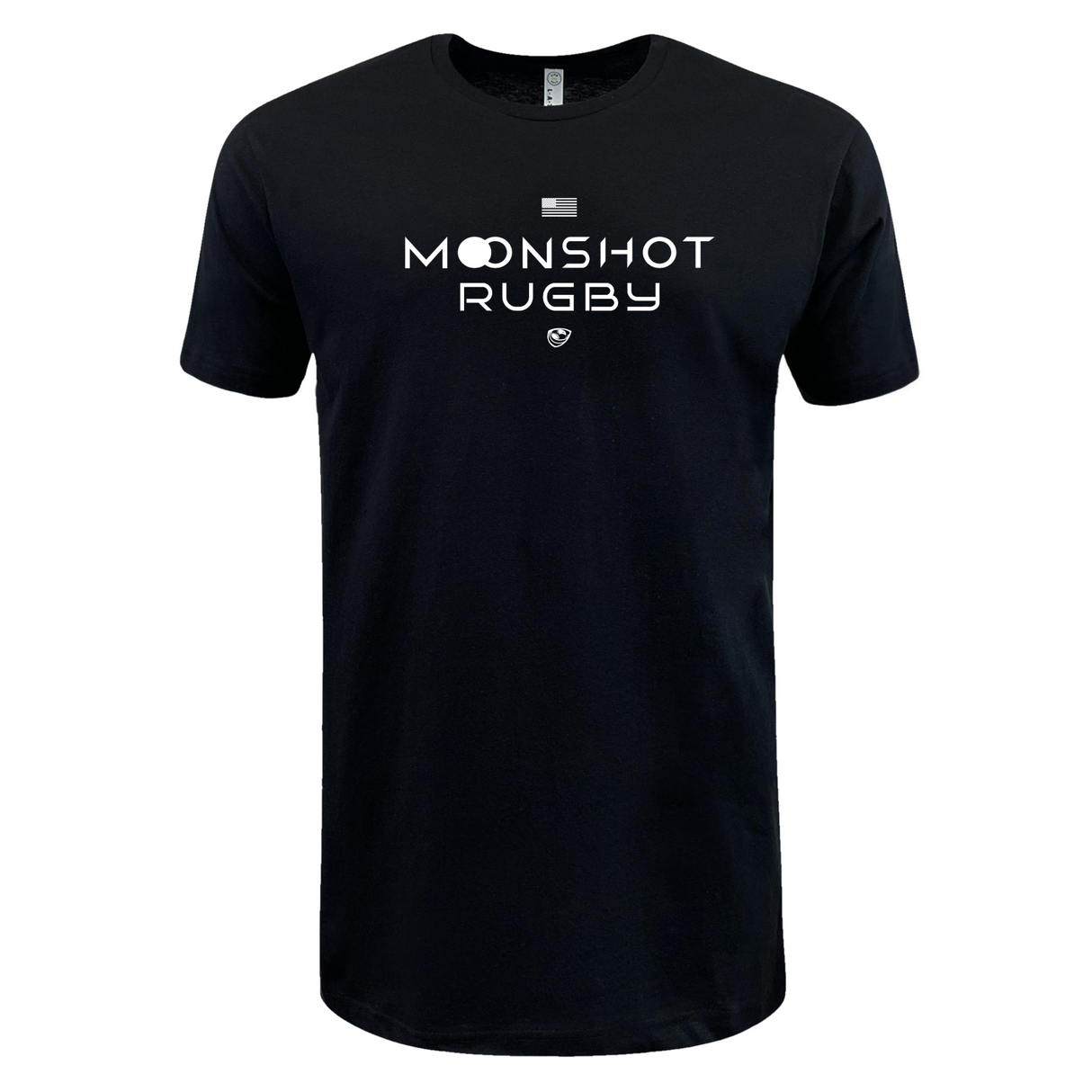 Black USA Rugby Moonshot Tee by WRS LAT showcases "MOONSHOT RUGBY" boldly in white, celebrating the Men's Eagles' journey to the 2031 Rugby World Cup.