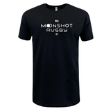 Black USA Rugby Moonshot Tee by WRS LAT showcases "MOONSHOT RUGBY" boldly in white, celebrating the Men's Eagles' journey to the 2031 Rugby World Cup.