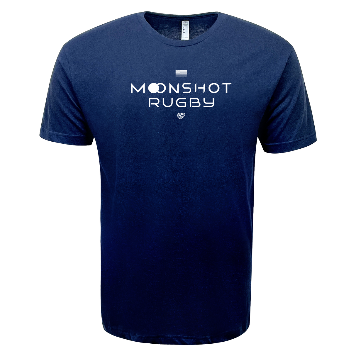 Navy blue USA Rugby Moonshot Tee by WRS LAT features white "Moonshot Rugby" text, ideal for fans supporting the Men's Eagles' journey to the 2031 Rugby World Cup.