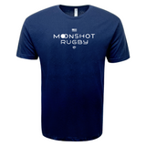 Navy blue USA Rugby Moonshot Tee by WRS LAT features white "Moonshot Rugby" text, ideal for fans supporting the Men's Eagles' journey to the 2031 Rugby World Cup.