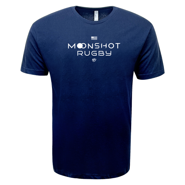 Navy blue USA Rugby Moonshot Tee by WRS LAT features white "Moonshot Rugby" text, ideal for fans supporting the Men's Eagles' journey to the 2031 Rugby World Cup.