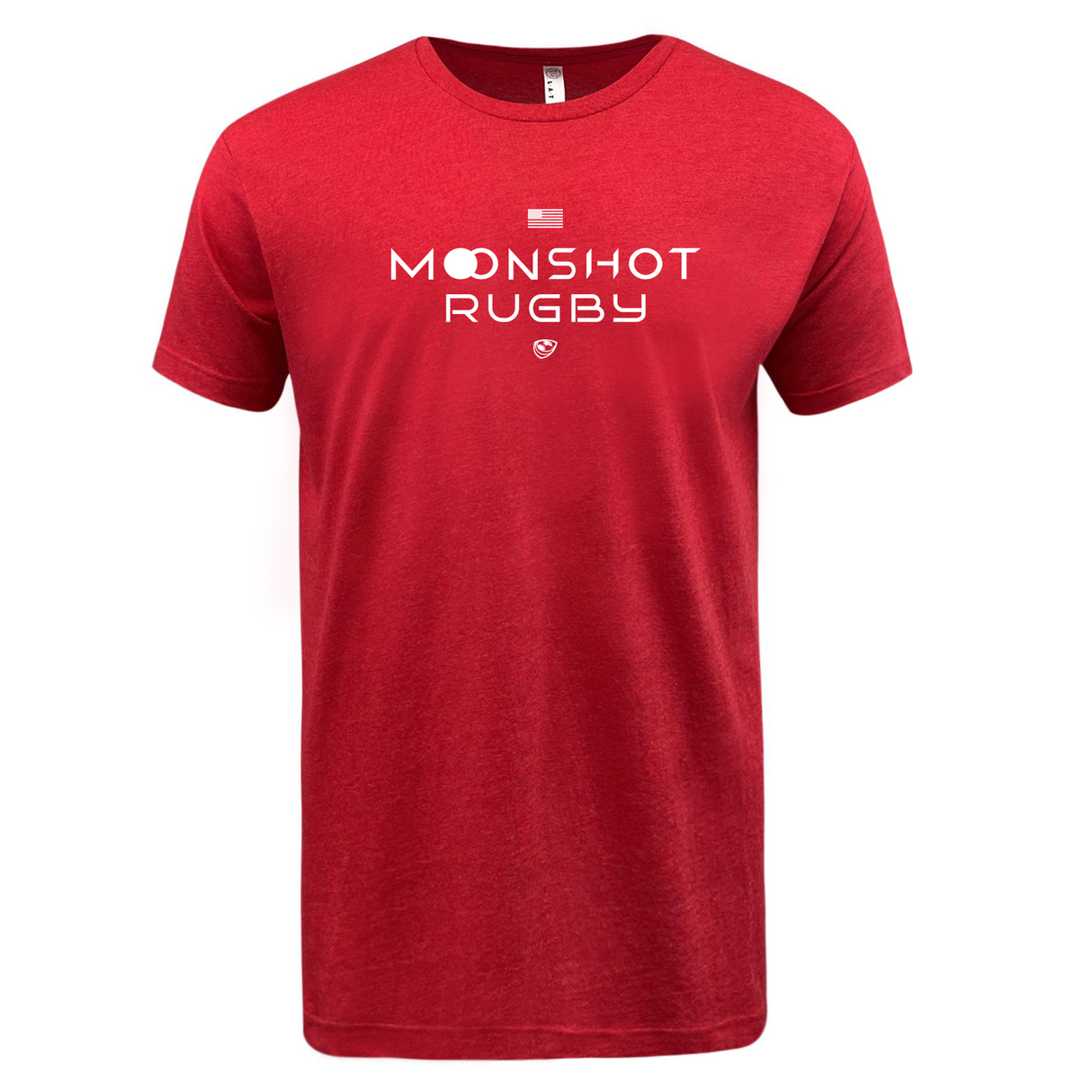The USA Rugby Moonshot Tee by WRS LAT celebrates the Men's Eagles' journey to the 2031 Rugby World Cup, featuring "MOONSHOT RUGBY" in bold white letters on a red t-shirt.