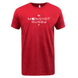 The USA Rugby Moonshot Tee by WRS LAT celebrates the Men's Eagles' journey to the 2031 Rugby World Cup, featuring "MOONSHOT RUGBY" in bold white letters on a red t-shirt.