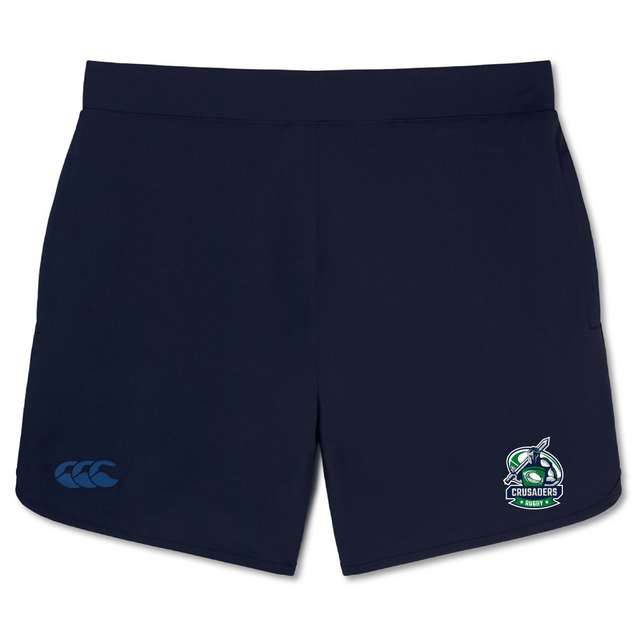 The Naperville Crusaders Elite Woven Short by EMB Canterbury in navy blue showcases a Crusaders logo on the right leg and a Canterbury logo on the left, making it ideal for enhancing your training experience.