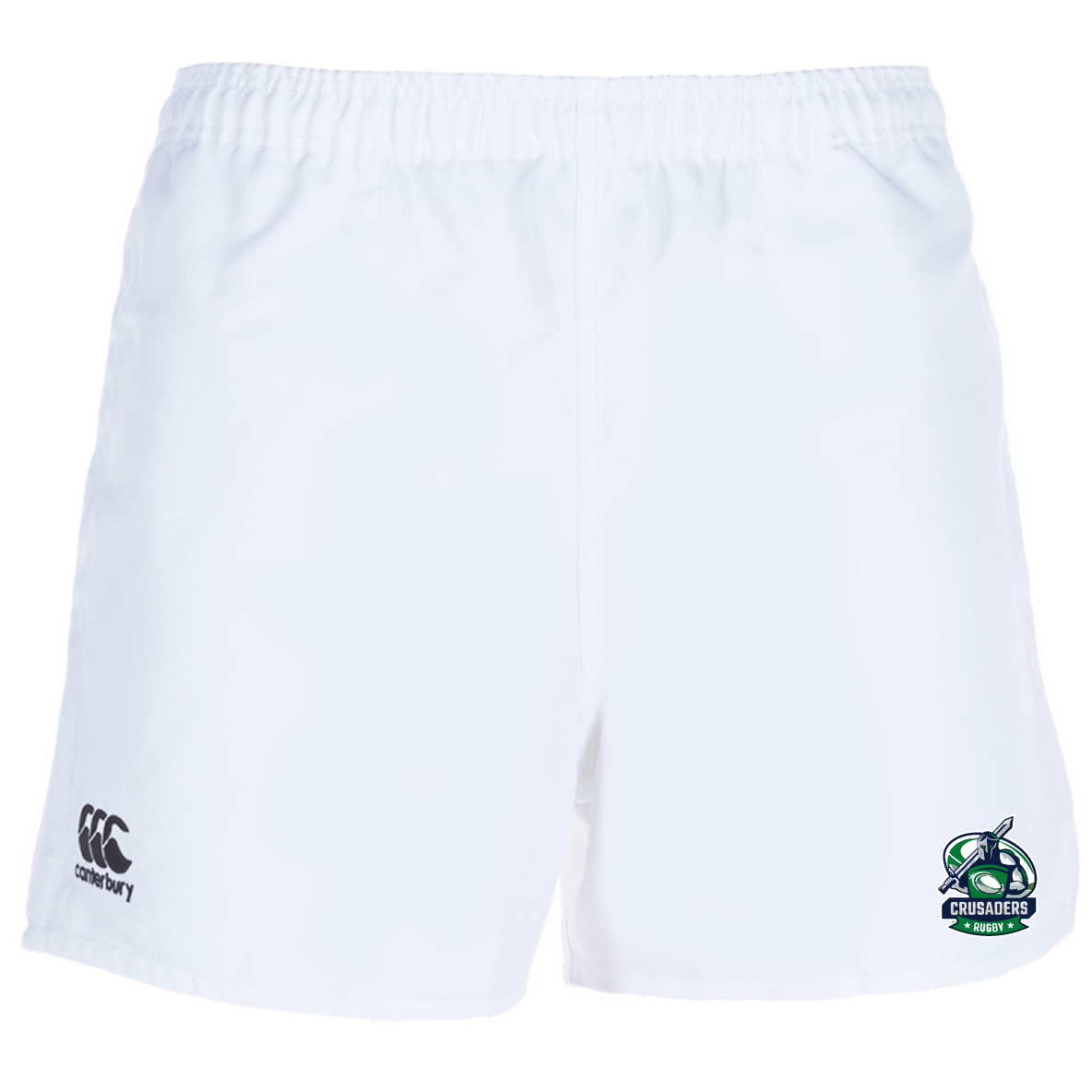 Introducing the Naperville Crusaders Player's Drill Short by Canterbury: these white rugby shorts feature the Crusaders Rugby logo on the right leg and an embroidered EMB Canterbury logo on the left leg, crafted from recycled fabric.