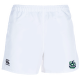 Introducing the Naperville Crusaders Player's Drill Short by Canterbury: these white rugby shorts feature the Crusaders Rugby logo on the right leg and an embroidered EMB Canterbury logo on the left leg, crafted from recycled fabric.