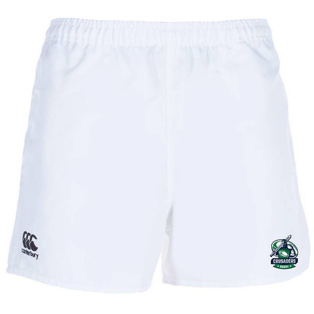 Introducing the Naperville Crusaders Player's Drill Short by Canterbury: these white rugby shorts feature the Crusaders Rugby logo on the right leg and an embroidered EMB Canterbury logo on the left leg, crafted from recycled fabric.