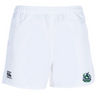 Introducing the Naperville Crusaders Player's Drill Short by Canterbury: these white rugby shorts feature the Crusaders Rugby logo on the right leg and an embroidered EMB Canterbury logo on the left leg, crafted from recycled fabric.