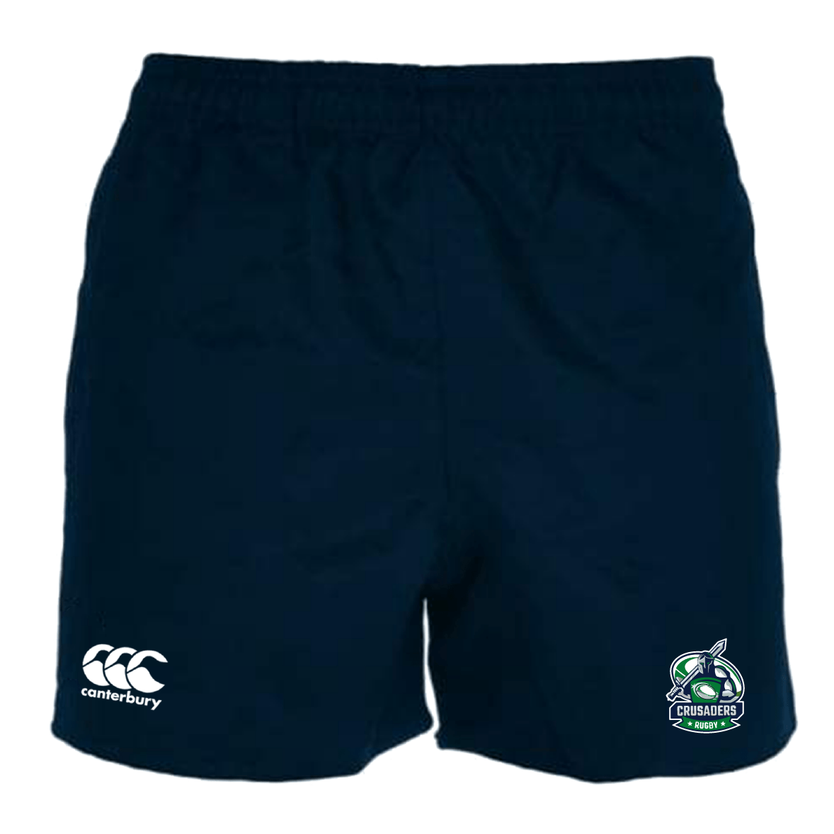 The Naperville Crusaders Player's Drill Short by Canterbury, offered by EMB Canterbury, is a stylish and eco-friendly option in navy blue. Made from recycled fabric, these sports shorts are adorned with an embroidered Canterbury logo on the left leg and a Crusaders Academy logo on the right.