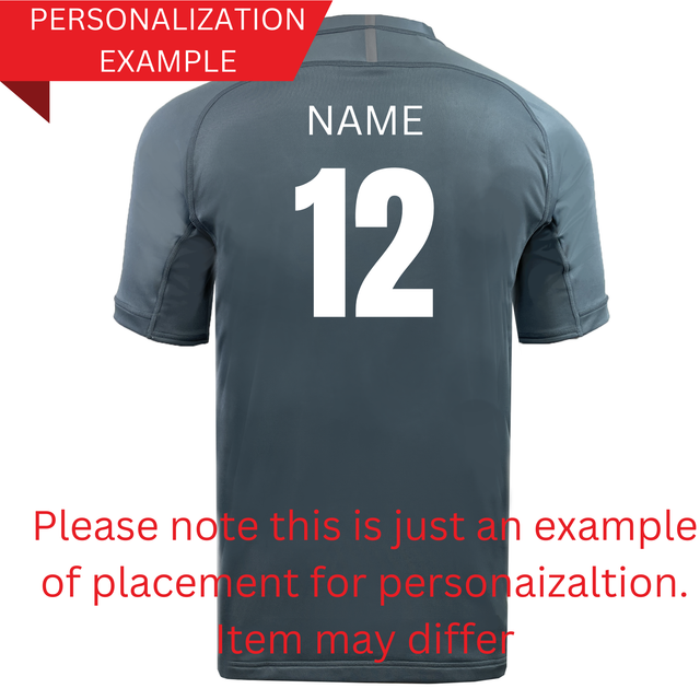 Atlanta Old White Rugby Champs Elite Training Tee by WRS Canterbury shown from the back with "NAME" and number 12 in white; red text notes personalization example—actual lightweight shirt may vary.
