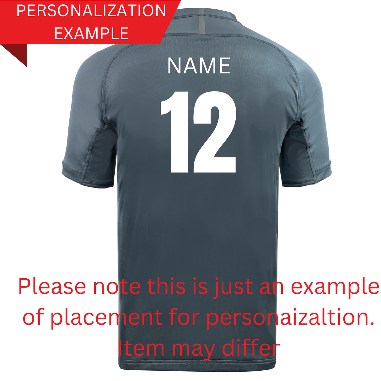 The back of a dark gray USA Eagles Wordmark Supersoft Tee 24 by WRS LAT displays "Name" and "12" for personalization. Ideal for USA Eagles fans, this soft jersey provides ultimate comfort while cheering on your team.