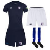 The OMBAC Rugby Men's Training Bundle by Fast Bundle includes a navy shirt, shorts, white shorts, and blue socks featuring team badges. It incorporates Vapodri Technology for optimal performance.