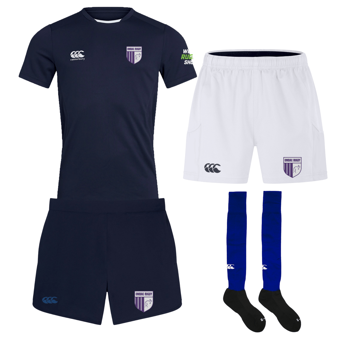 The OMBAC U18 Training Bundle includes rugby training apparel such as a navy jersey and shorts, a pair of white shorts, and blue socks with black feet—all branded with the Canterbury logo. Designed for peak performance, these professional-quality uniforms are perfect for serious rugby training.