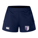 The OMBAC Rugby Women's Advantage Short 2.0 by EMB Canterbury are navy blue rugby shorts, showcasing the OMBAC Rugby logo on the right leg and the Canterbury logo on the left, made from sustainable materials for improved performance.