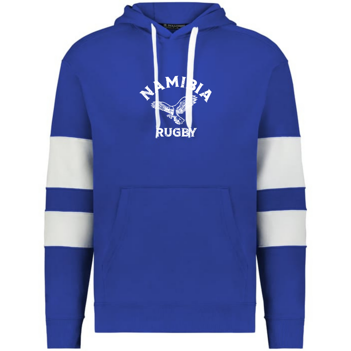 The WRS Augusta Nations of Rugby Namibia Jackson Way Hoodie is blue with white sleeve stripes, a front pocket, and "Namibia Rugby" plus an eagle graphic printed in white on the chest.