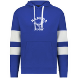 The WRS Augusta Nations of Rugby Namibia Jackson Way Hoodie is blue with white sleeve stripes, a front pocket, and "Namibia Rugby" plus an eagle graphic printed in white on the chest.